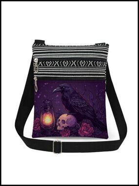 Raven Skull Crossbody Bag Sling Purse Polyester Adjustable Strap
